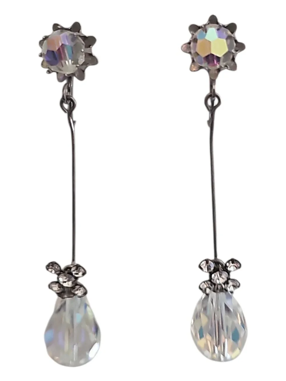 Vintage Clip On Crystal Drop Dangle Earrings - Aurora Clear